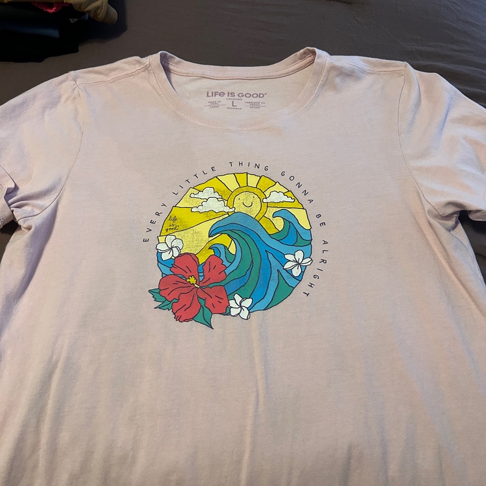 Life Is Good Pink Tee with Vibrant Floral Graphic
